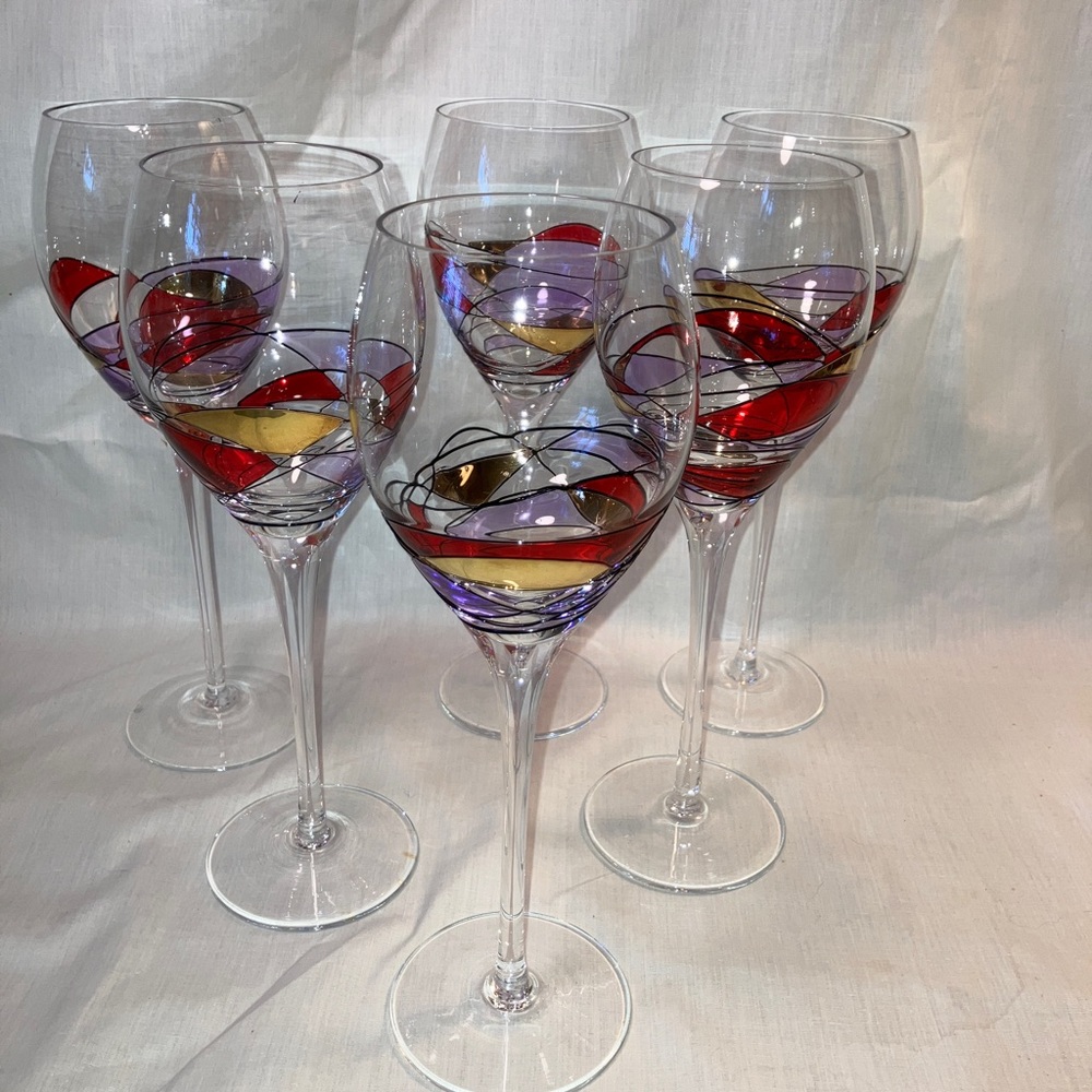 Vintage MCM Tall Crystal Wine Glasses. Hand painted Mosaic. Set of 6